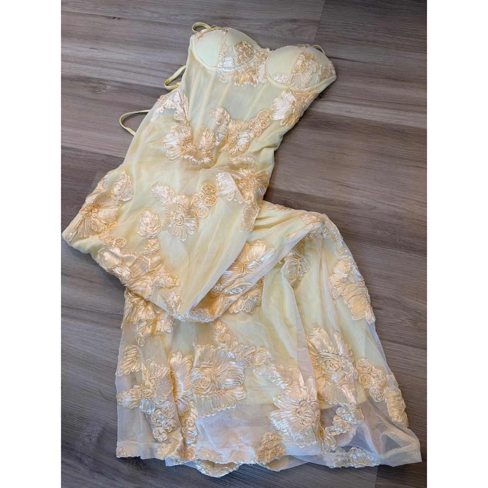 Yellow Floral Lace Corset Maxi Dress Lace Up Back Prom Formal Gown Mermaid